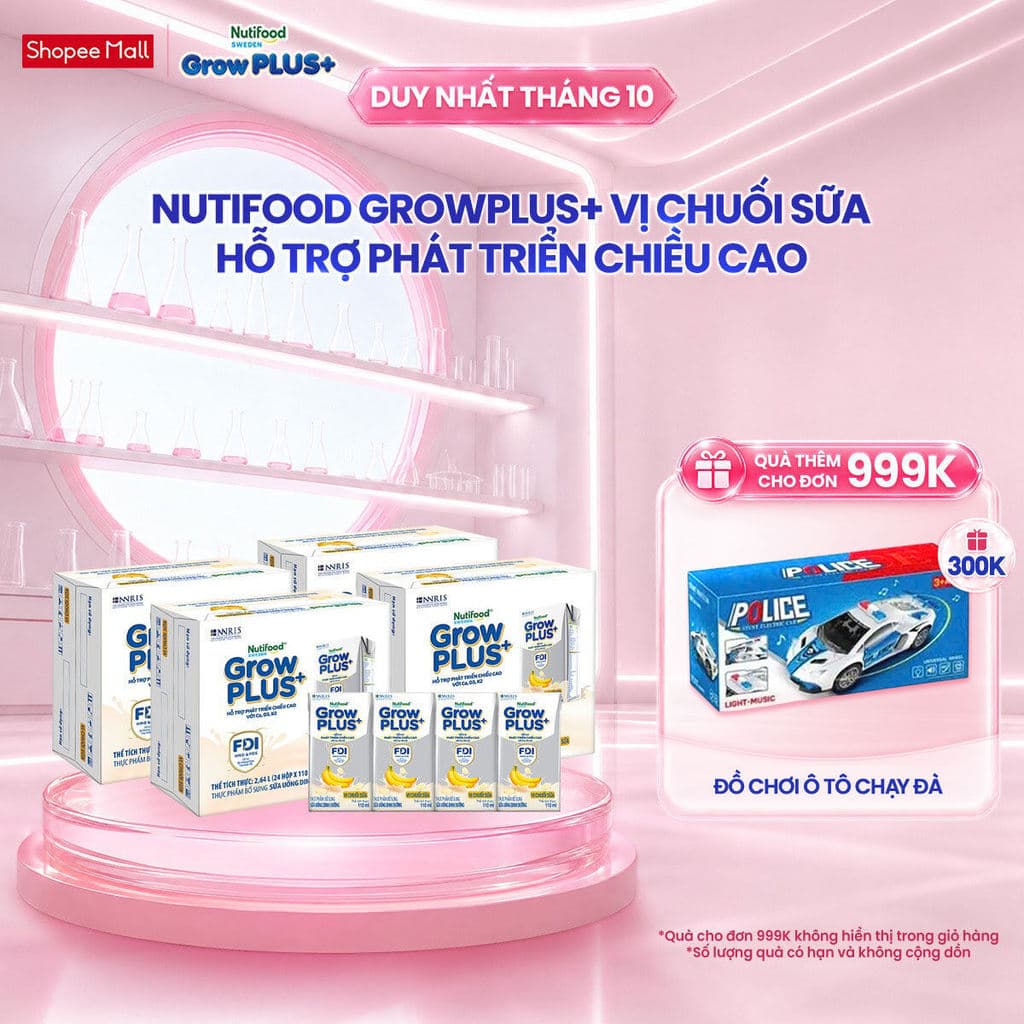 Combo 4 Thùng 24 hộp Sữa bột pha sẵn Nutifood GrowPLUS+ Vị Chuối Sữa hộp 110ml - Trên 1 tuổi