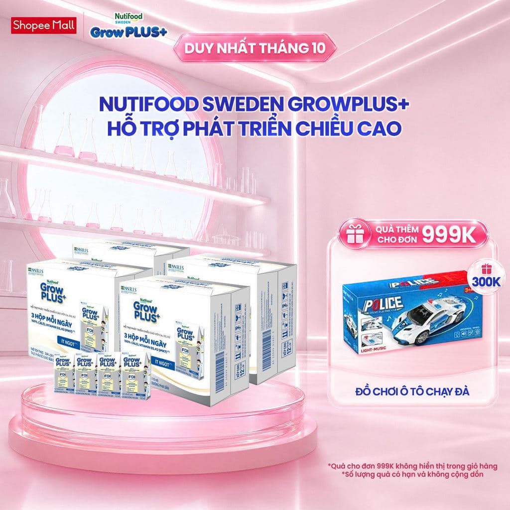 [TX] Combo 4 Thùng 24 hộp Sữa Bột Pha Sẵn Nutifood Sweden GrowPLUS+ Cao lớn vượt trội hộp - 110 ml
