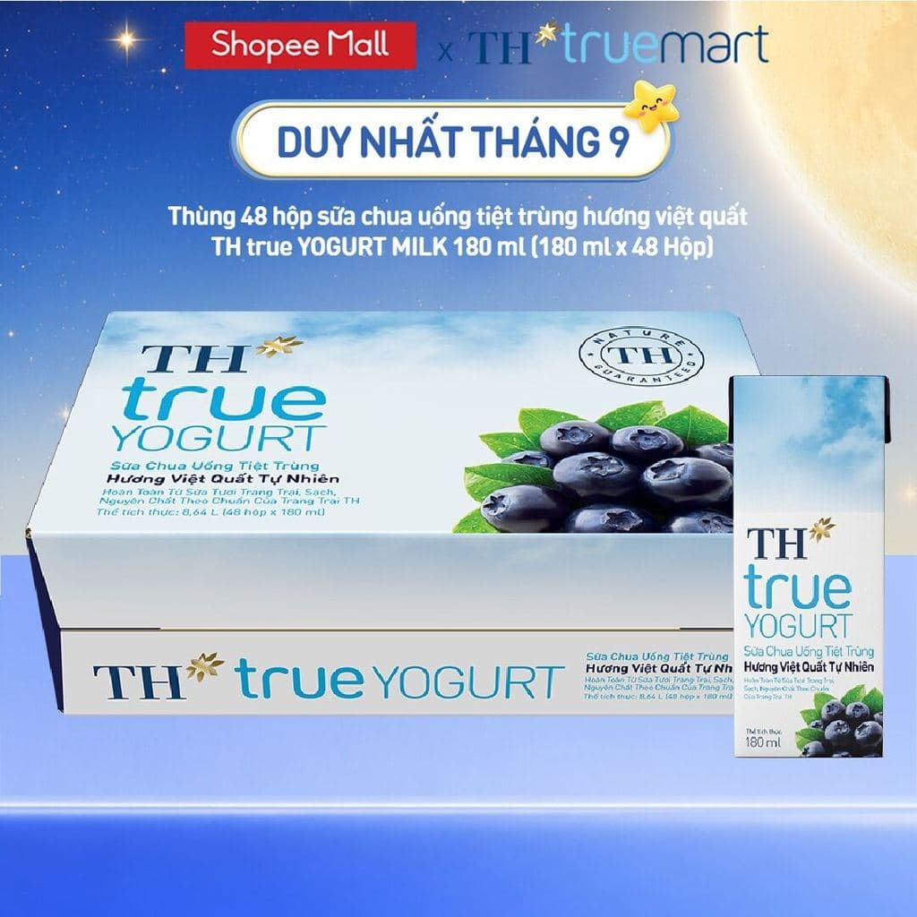 Thùng Sữa Chua Uống Tiệt Trùng Hương Việt Quất TH True Yogurt milk 180ml (48 Hộp)