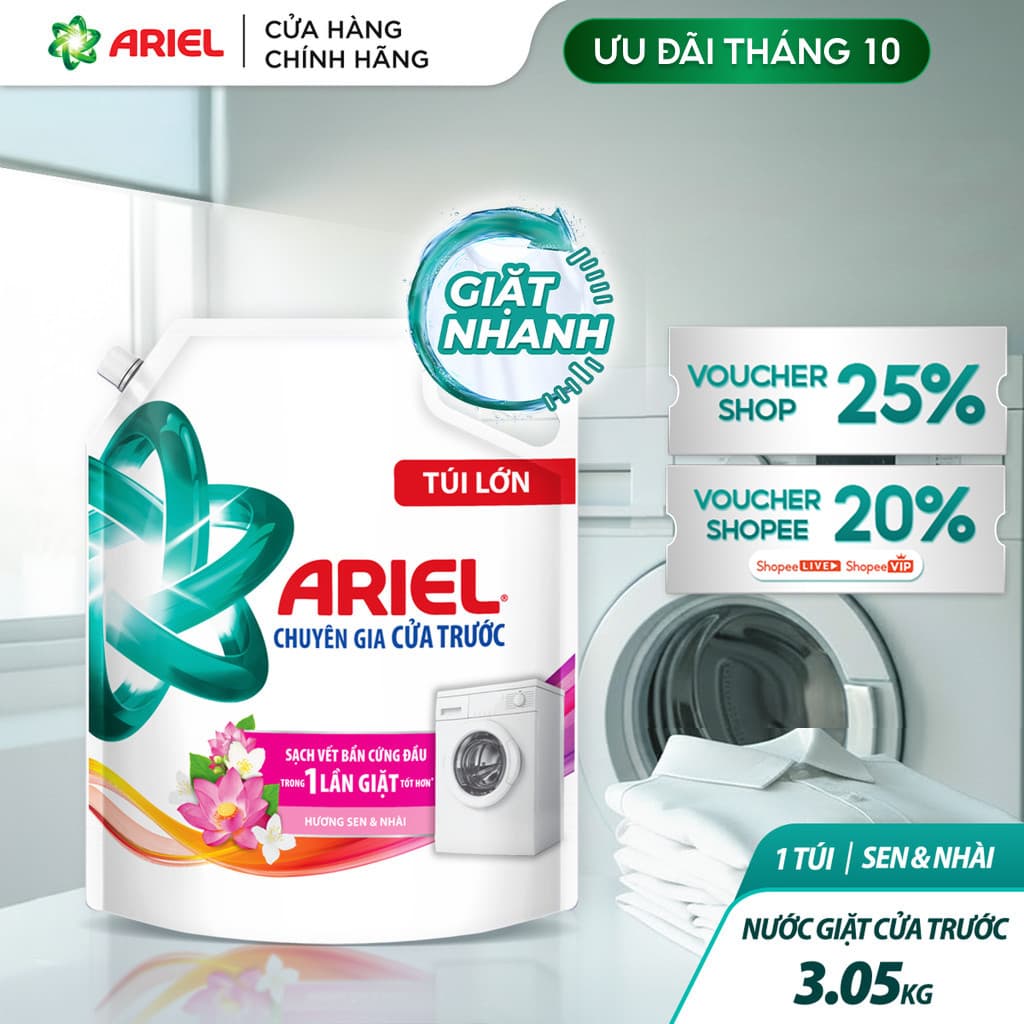 Nước Giặt ARIEL Cửa Trước Hương Sen & Nhài túi 3.05KG/ Nước giặt 10X giặt nhanh túi 2.7kg
