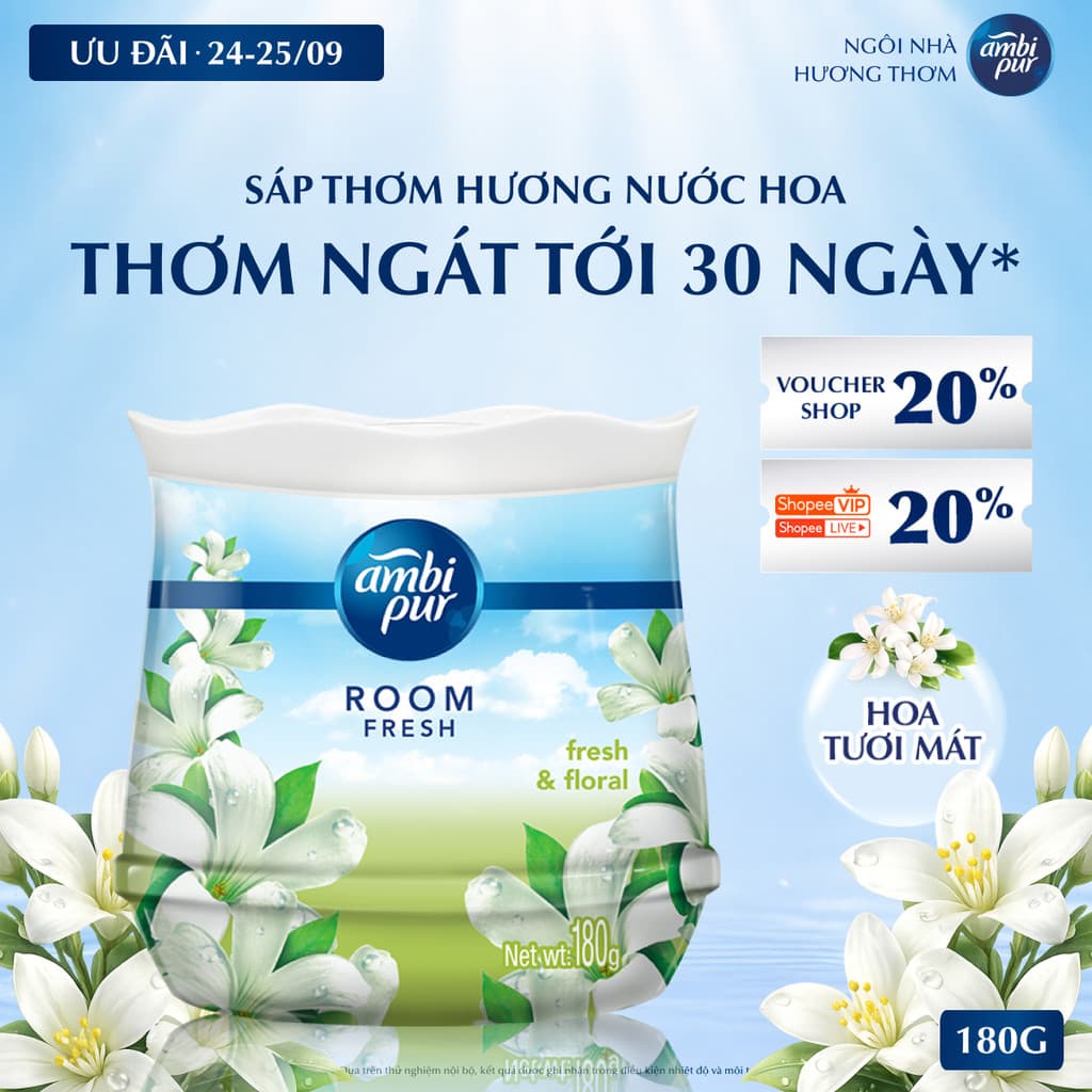 Sáp Thơm AMBI PUR Hương Hoa Tươi Mát 180g Khử Mùi Phòng Ngủ Nhà Vệ Sinh