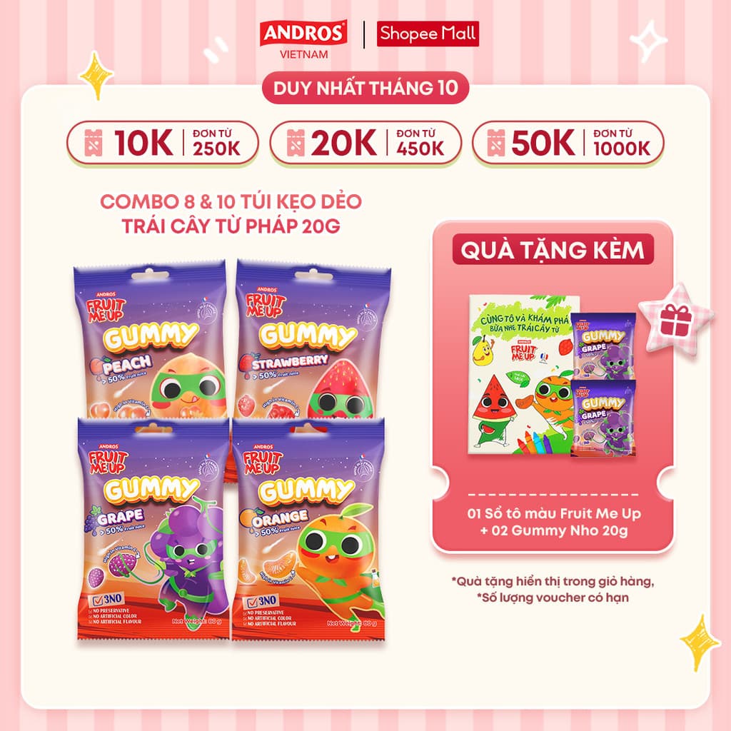 Kẹo Dẻo Trái Cây Gummy 20G (Combo 8 Túi & 10 Túi) - Nhập Khẩu Từ Pháp Của Pháp - ANDROS FRUIT ME UP GUMMY