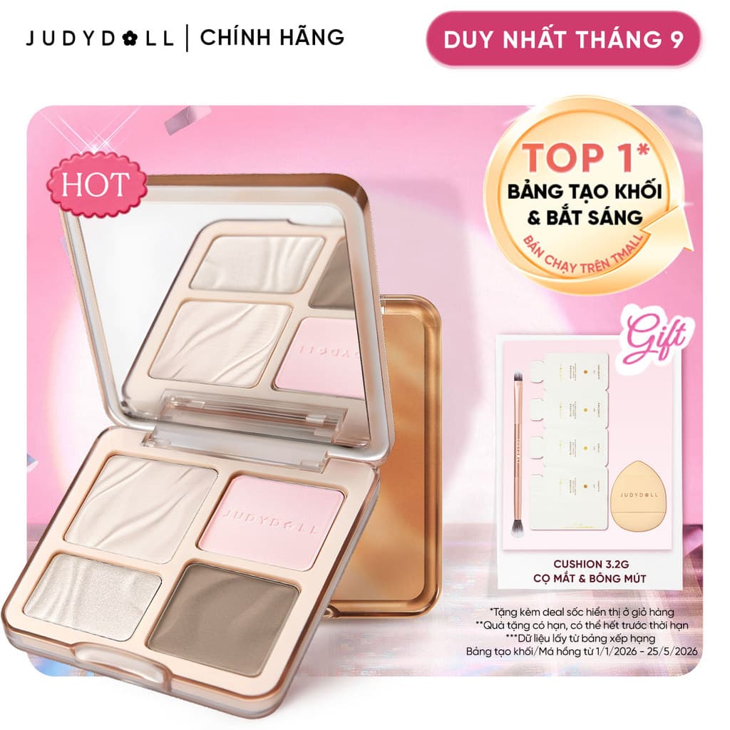 JUDYDOLL Phấn bắt sáng tạo khối 4 ô Highlight Contour Palette Tự nhiên Lâu trôi Chống nước 9g