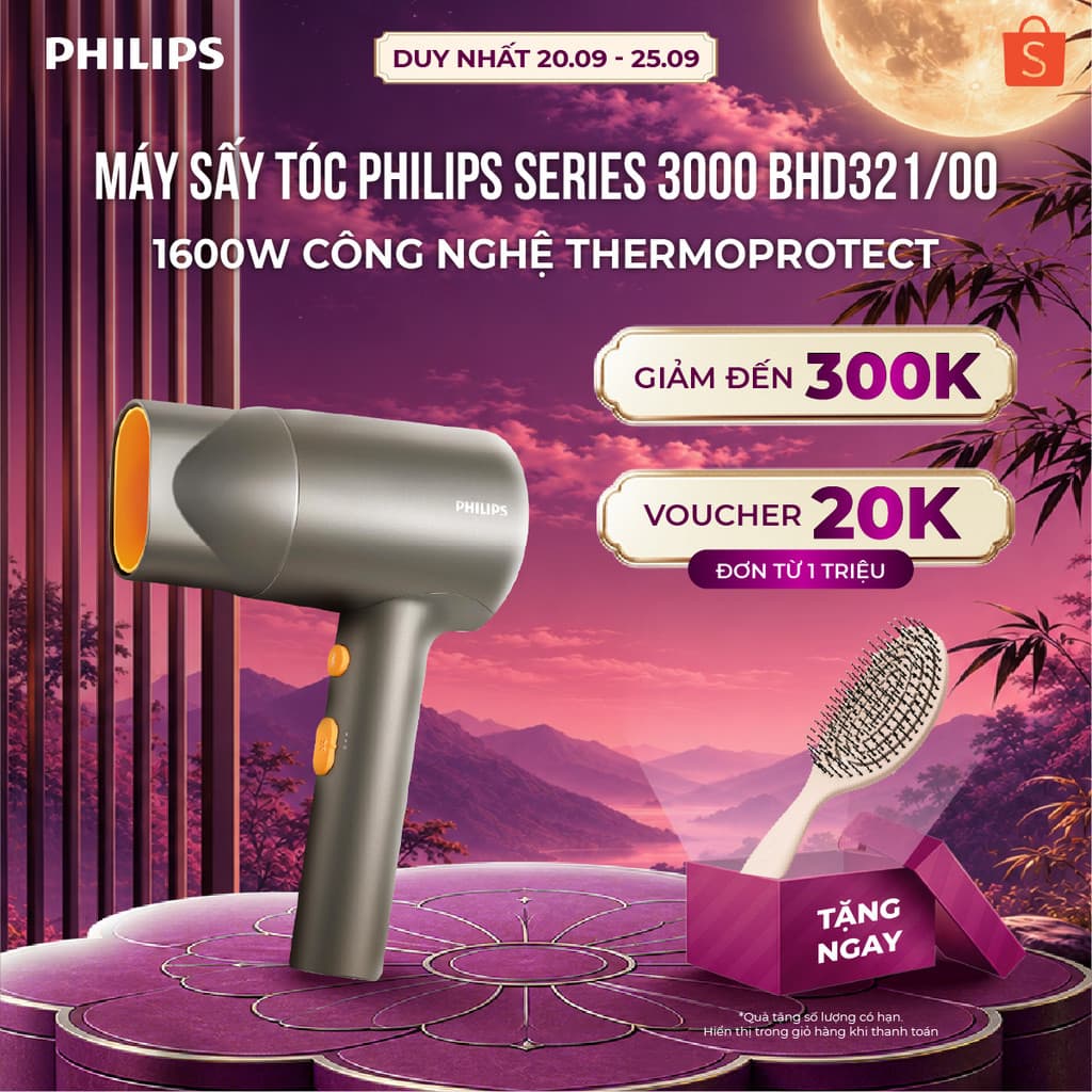 Máy sấy tóc Philips BHD321/00 1600W – ThermoProtect, ion âm giảm xơ rối, sấy nhanh