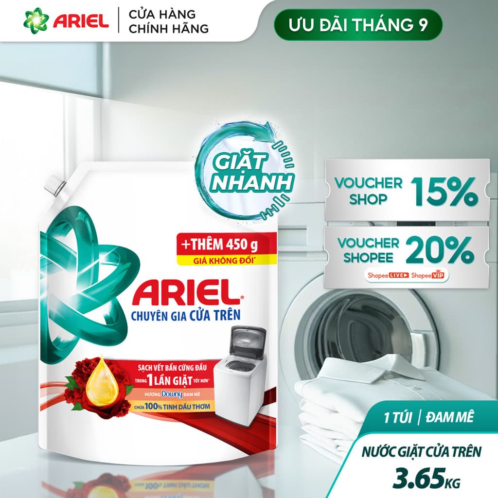 Nước Giặt Cửa Trên ARIEL Hương Downy Đam Mê 3.65KG/ Nước giặt 10X giặt sạch túi 3.7KG