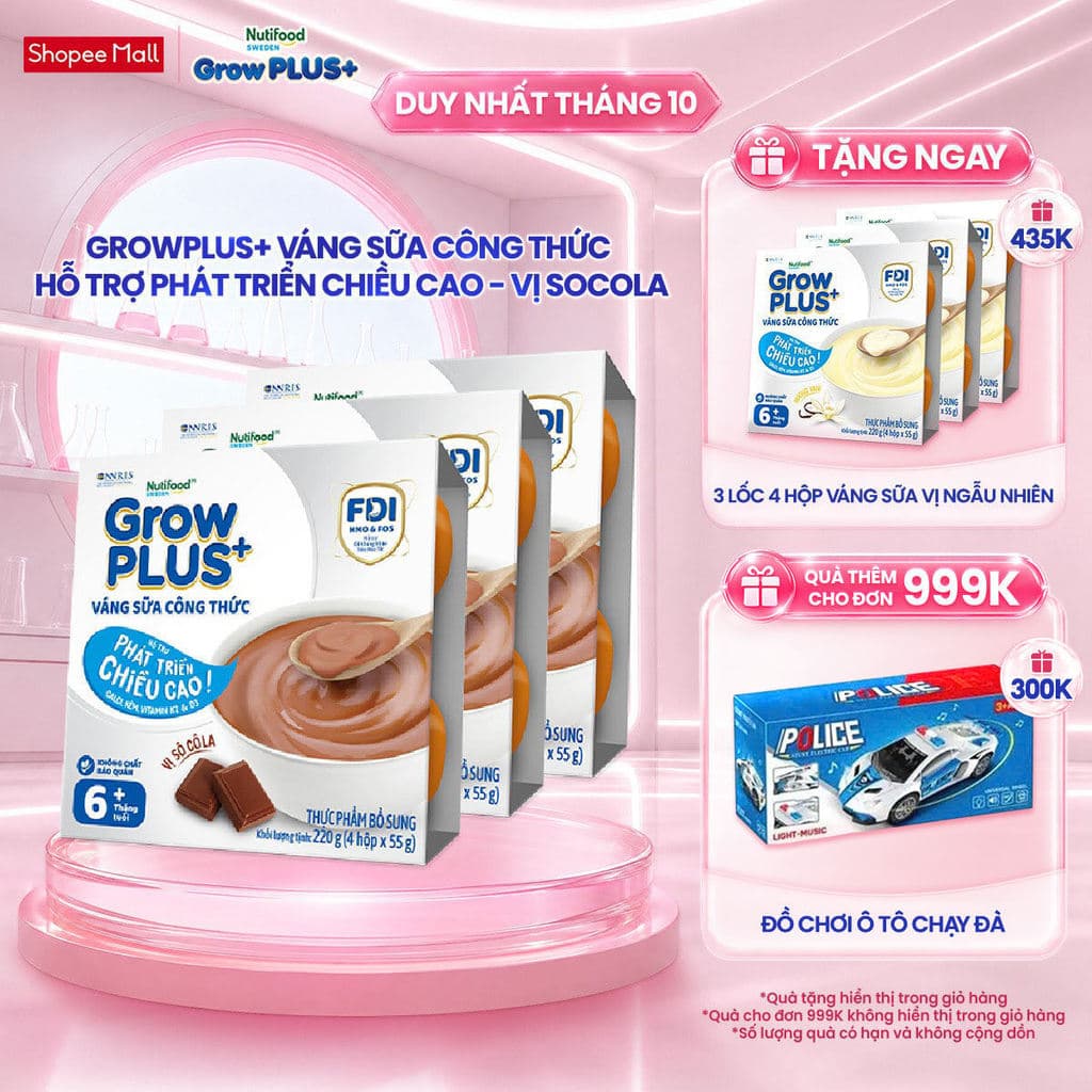Combo 3 lốc GrowPLUS+ Váng sữa công thức Cao lớn vượt trội Vani & Socola (55g x 12 hộp)