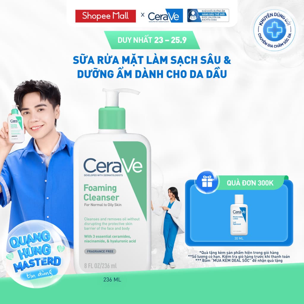 Sữa rửa mặt foaming giúp làm sạch sâu và dưỡng ẩm dịu nhẹ dành cho da dầu - CeraVe Foaming Facial Cleanser 236ML