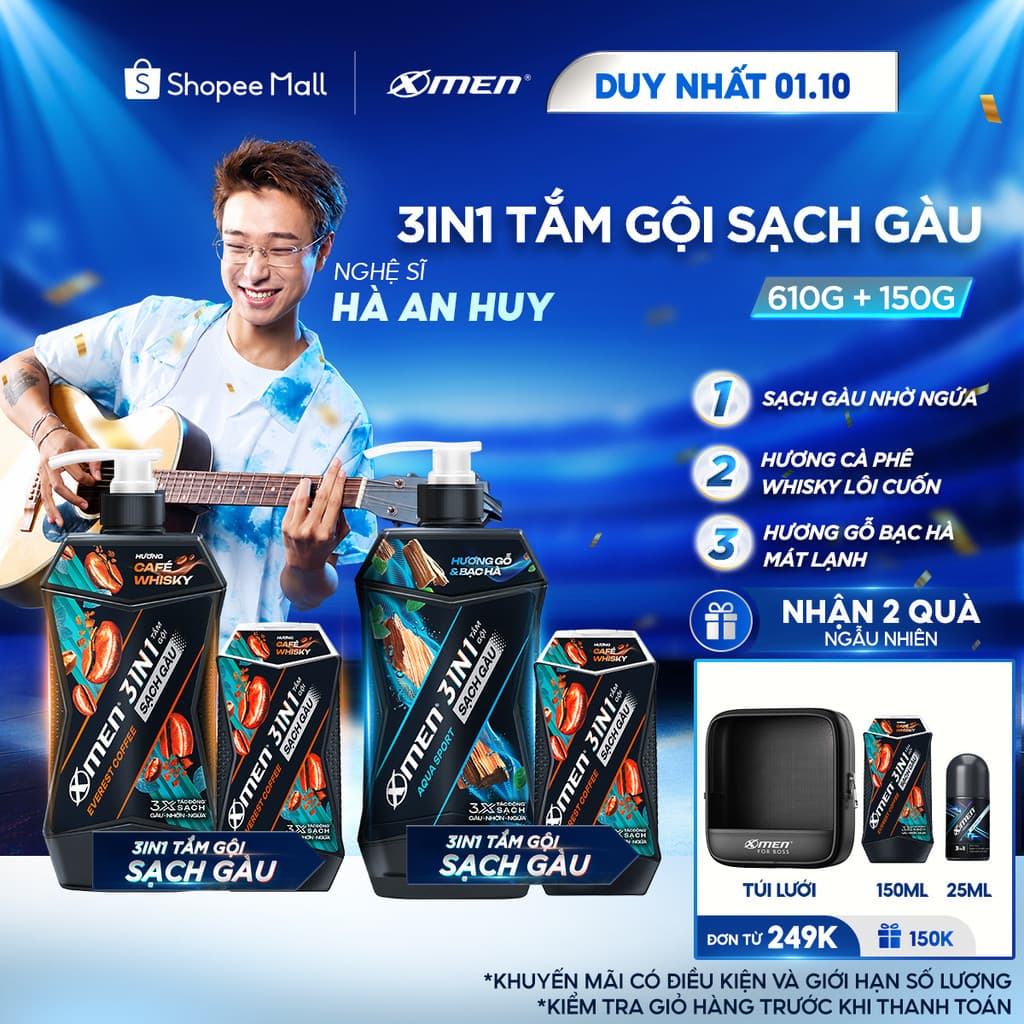 Combo Tắm Gội Sạch Gàu 3in1 Xmen Everest Coffee/ Aqua Sport 610g và Tắm Gội Coffee 150g