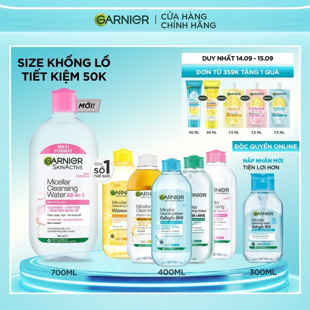 [CÓ SIZE MỚI] Nước Tẩy Trang làm sạch sâu dịu nhẹ cho mọi loại da - Garnier Micellar Cleansing Water 400ml & 700ml