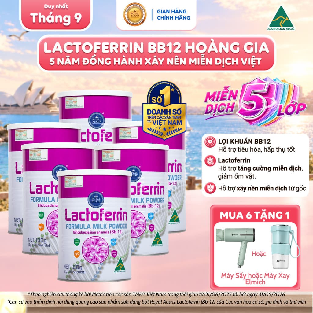 Combo 6 Hộp Lactoferrin Hoàng Gia ROYAL AUSNZ Lactoferrin Hồng BB12, Hỗ Trợ Tăng Đề Kháng, Miễn Dịch Cho Bé 100g