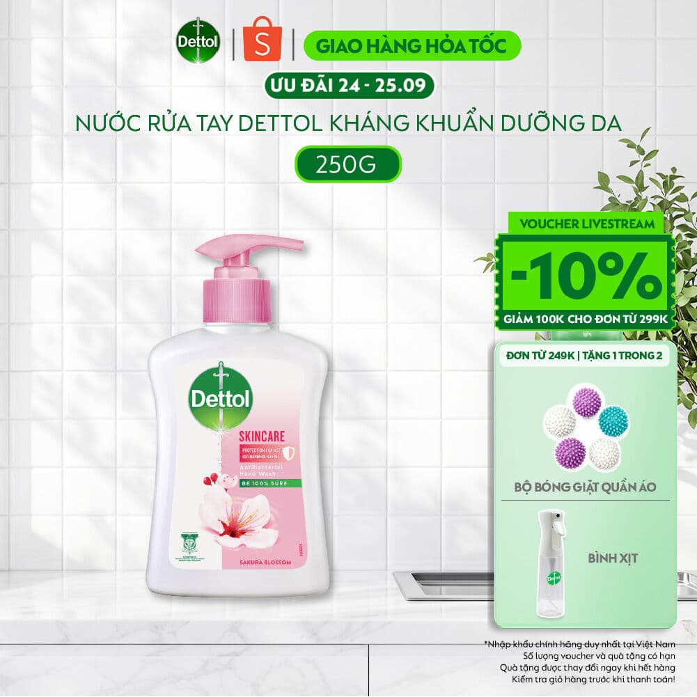 Nước rửa tay Dettol kháng khuẩn dưỡng da, hương hoa anh đào - Chai 250g