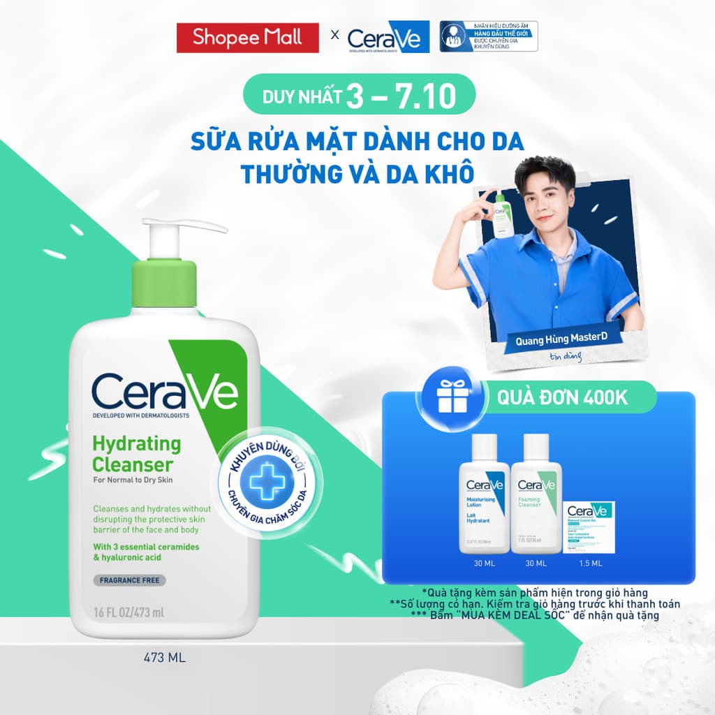 Sữa rửa mặt giúp làm sạch sâu dành cho da thường và da khô Cerave Hydrating Cleanser 473ML