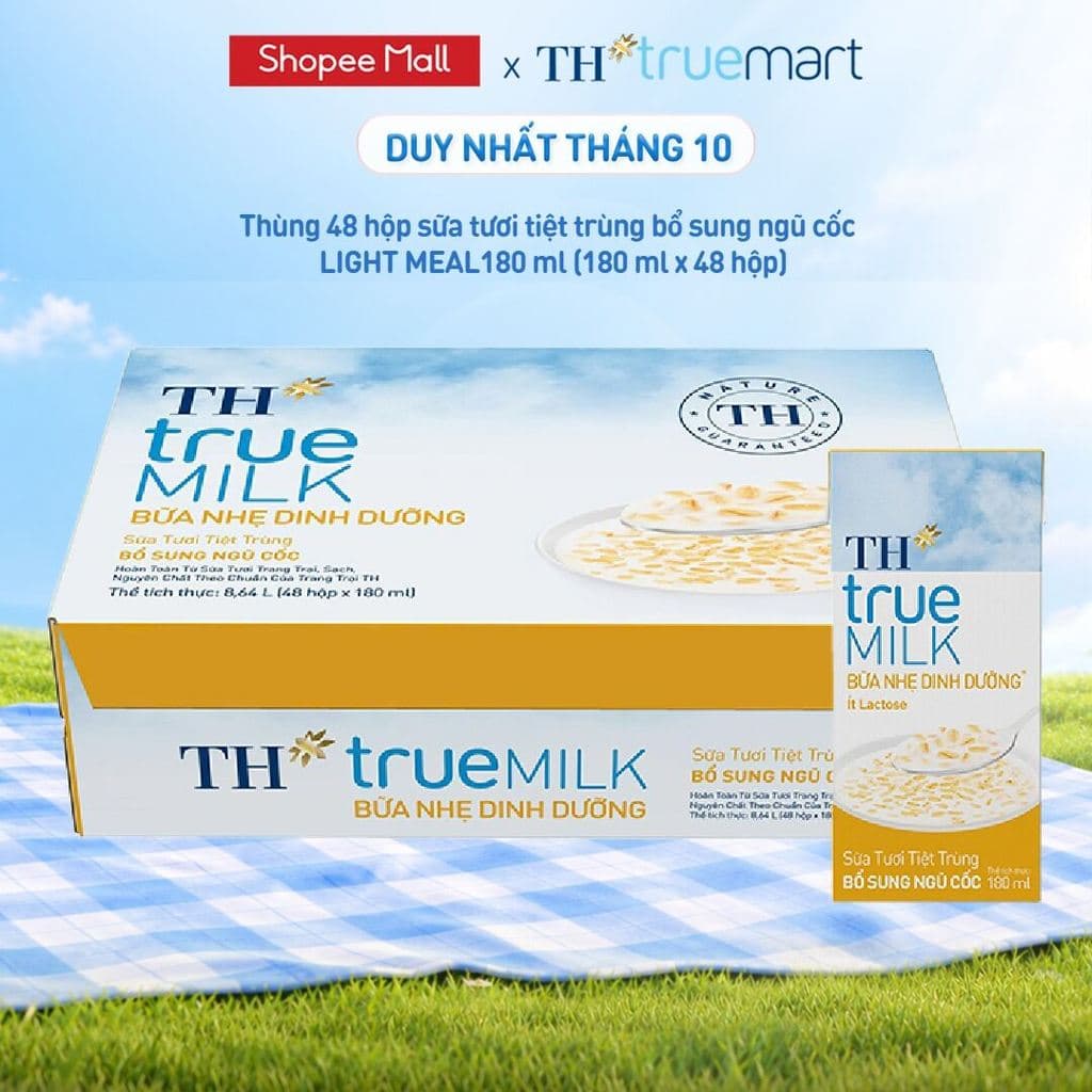 Thùng 48 hộp sữa tươi tiệt trùng TH true MILK LIGHT MEAL bổ sung ngũ cốc 180ml (48 hộp)