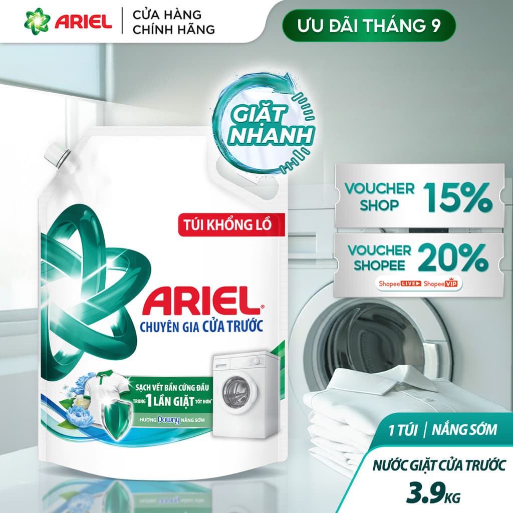 Nước Giặt Cửa Trước ARIEL Hương Downy Nắng Sớm túi 3.9KG/ Nước giặt 10X giặt sạch túi 3.7KG
