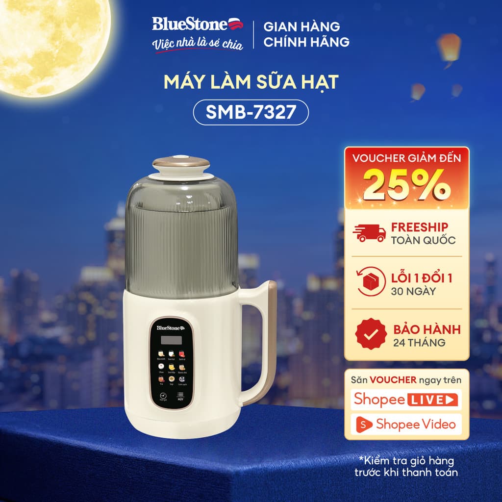Máy Làm Sữa Hạt Đa Năng BlueStone SMB-7327 1L 800W chống ồn, 9 chế độ nấu, hạt nhuyễn mịn chống trào hẹn giờ