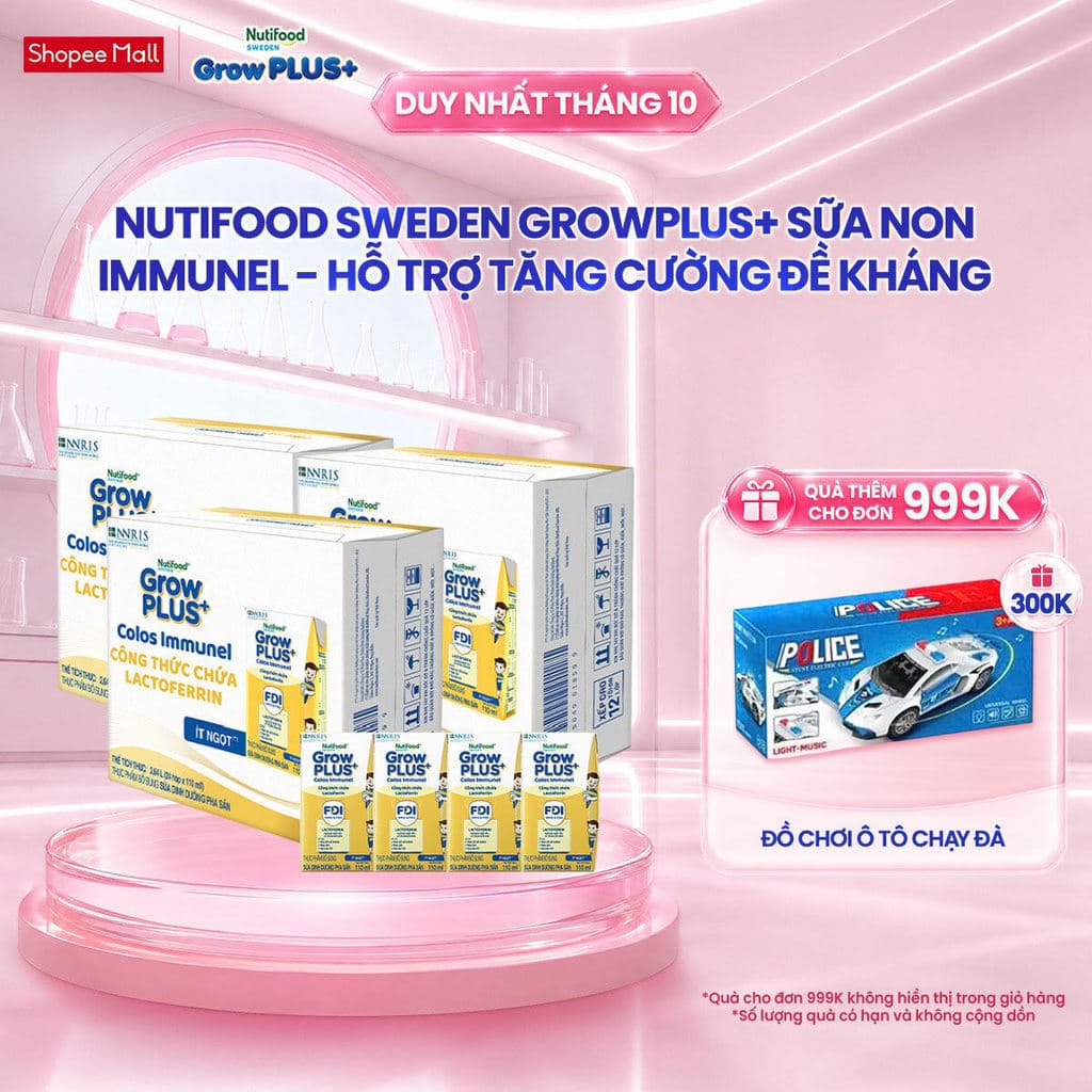 Combo 3 thùng 24 hộp Sữa Bột Pha Sẵn Nutifood Sweden GrowPLUS+ Sữa Non Immunel 110 ml (Bao bì tuỳ lô hàng)