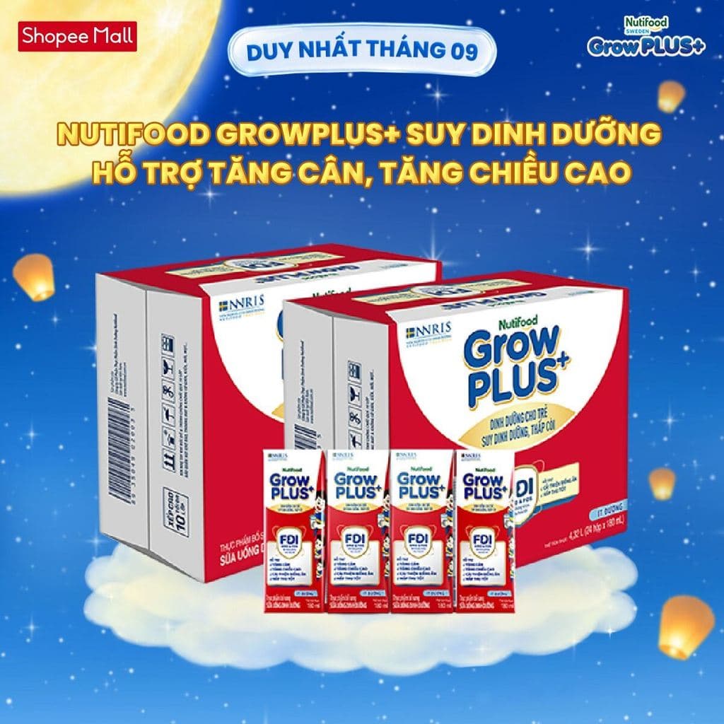 Thùng SBPS Nutifood GrowPLUS+ ít đường Suy Dinh Dưỡng - Tăng Cân, Tăng Chiều Cao (48 Hộp x 180ml) (Bao bì tùy lô hàng)