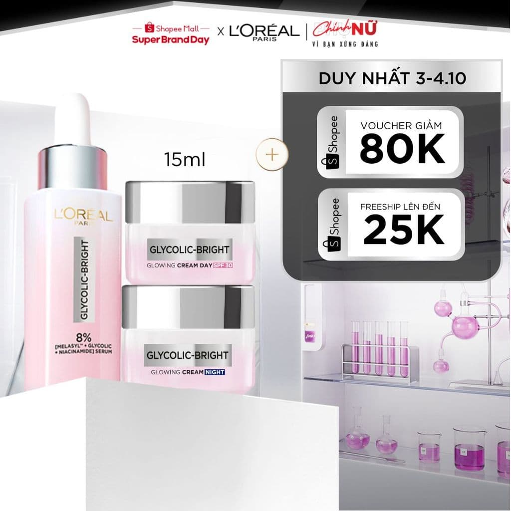 Bộ Serum Glycolic Melasyl 8% [Melasyl+Glycolic+Niacinamide] 30ml & Kem dưỡng ngày đêm mờ thâm nám L'Oreal Paris Glycolic