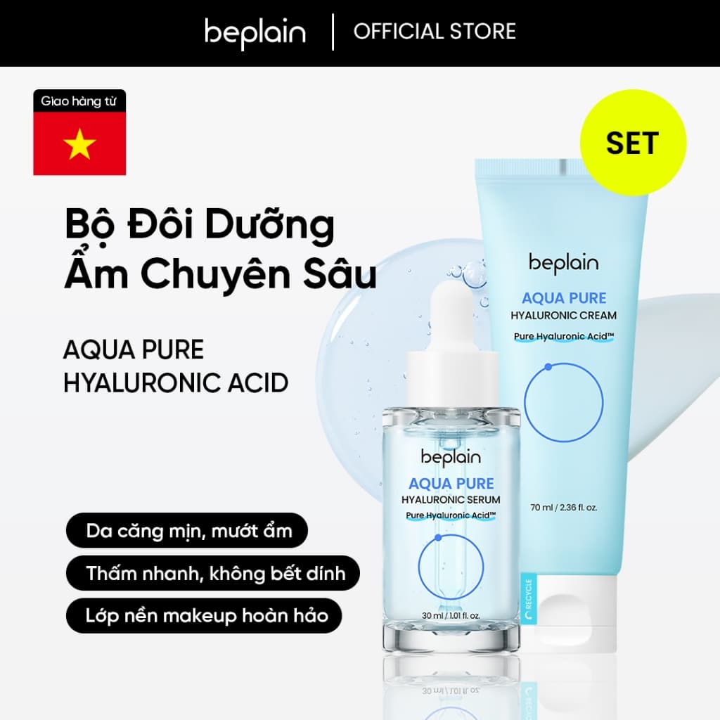 [Beplain Chính Hãng] Tinh chất Serum Dưỡng ẩm chuyên sâu 30ML & Kem Dưỡng ẩm giúp Cân Bằng và làm Dịu Da BEPLAIN AQUA PURE HYALURONIC 70ML