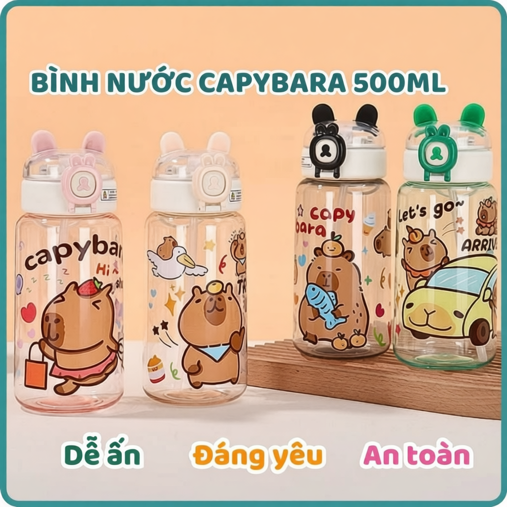 Bình Nước Cho Bé 500ml Capybara Dễ Thương, Bình Nhựa Trẻ Em Mang Đi Học Có Ống Sillicon Hút Tiện Lợi