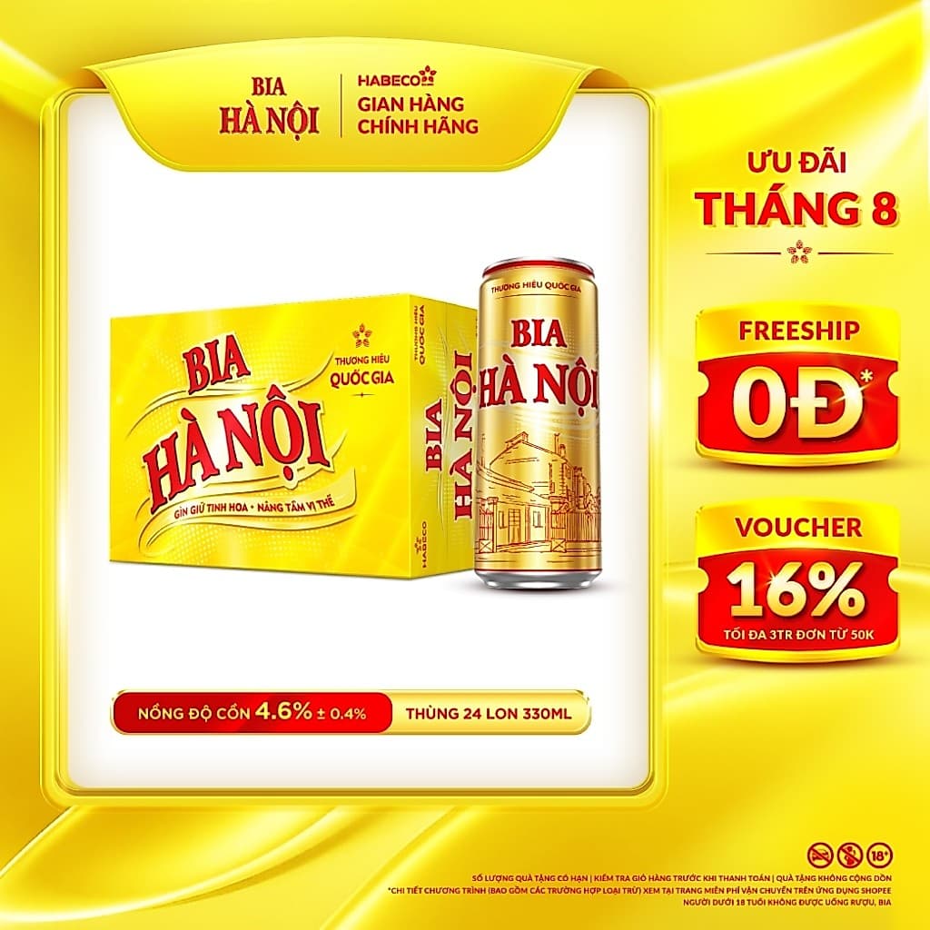 Bia Hà Nội - Nồng độ cồn 4,6% - Thùng 24 lon 330ml/lon - Phiên bản lon cao