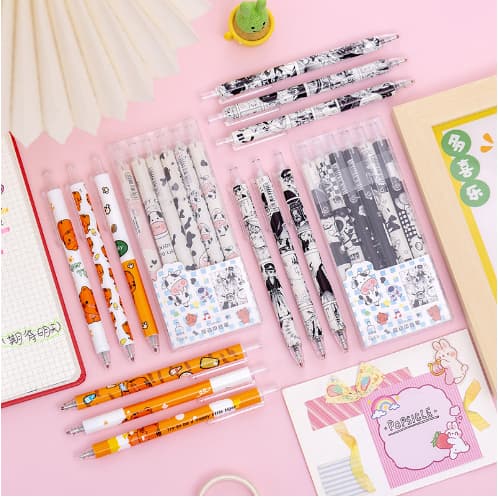 Hộp 6 Cây Bút Mực Gel Màu Đen Dạng Nhấn Tiện Dụng Cho Học Sinh / Văn Phòng