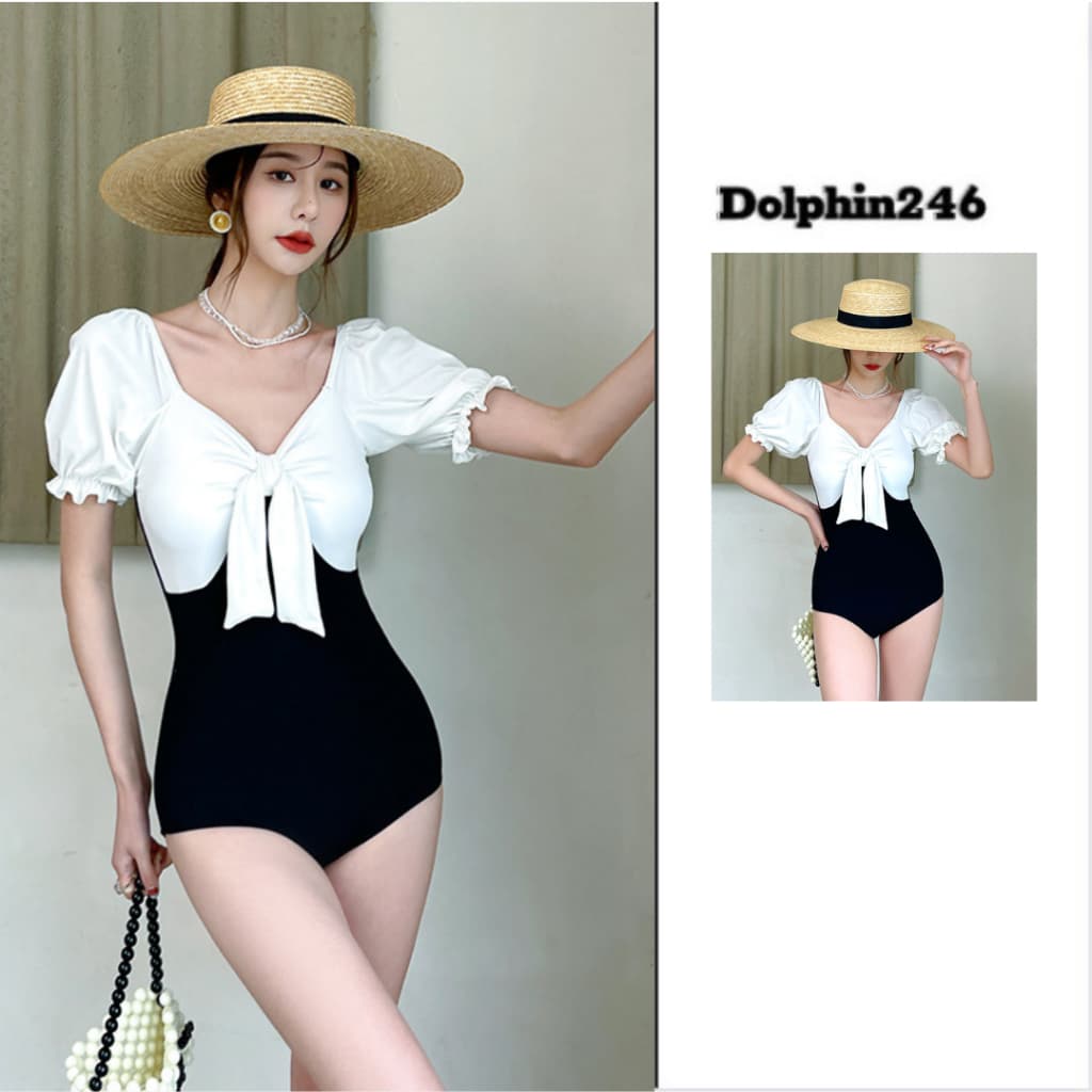 Bikini đi biển đồ bơi cho nữ liền thân ngắn tay cổ V nơ ngực xinh xắn phối màu đen trắng tôn dáng che khuyết điểm G-3.4
