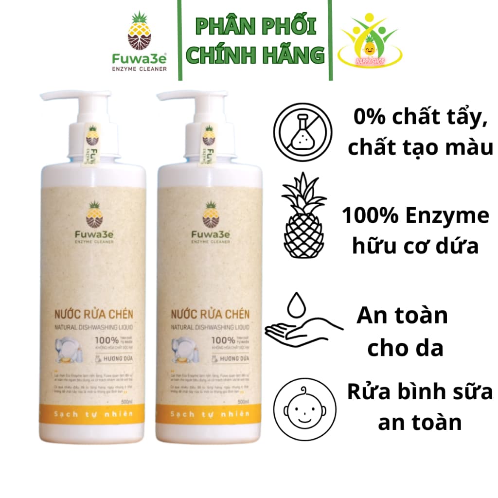 Nước Rửa Chén Bát Hữu Cơ Fuwa3e 500ml, Hương Dứa Enzyme Sinh Học,100% Tự Nhiên Thân Thiện Môi Trường