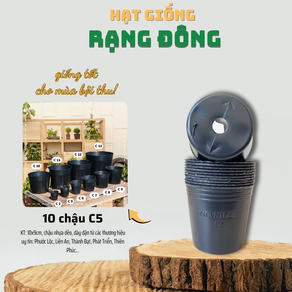 [10 cái] Chậu Trồng Cây Nhựa Dẻo C5 - KT: 10x9cm dùng ươm cây, có lỗ thoát nước, độ bền cao - Hạt giống Rạng Đông