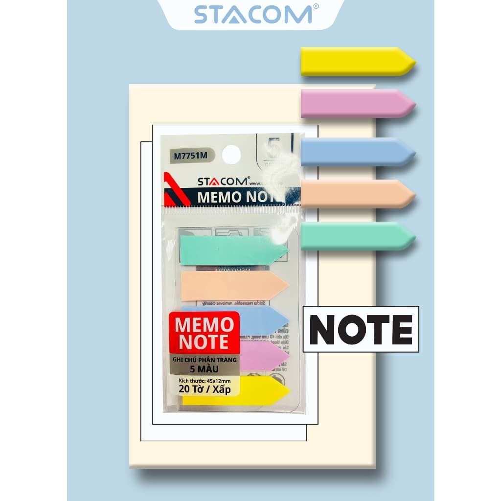 Giấy note 5 màu pastel, size 45*12mm, chất liệu nhựa PP kháng nước | Stacom M7751M