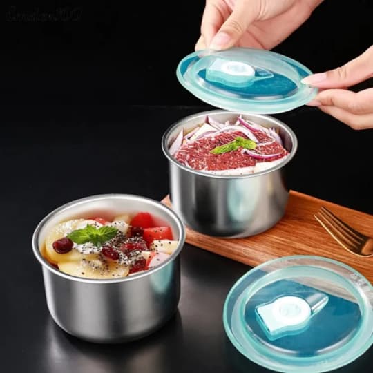 Set 5 hộp inox TRÒN đựng đồ ăn để tủ lạnh ngăn mùi, có nắp dễ dàng bảo quản