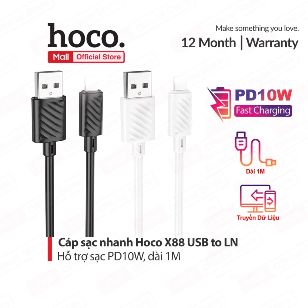 Cáp sạc PD10W USB to IP Hoco X88 hỗ trợ truyền dữ liệu dùng cho ip6/7/8/X/11/12/13/14  dài 100CM
