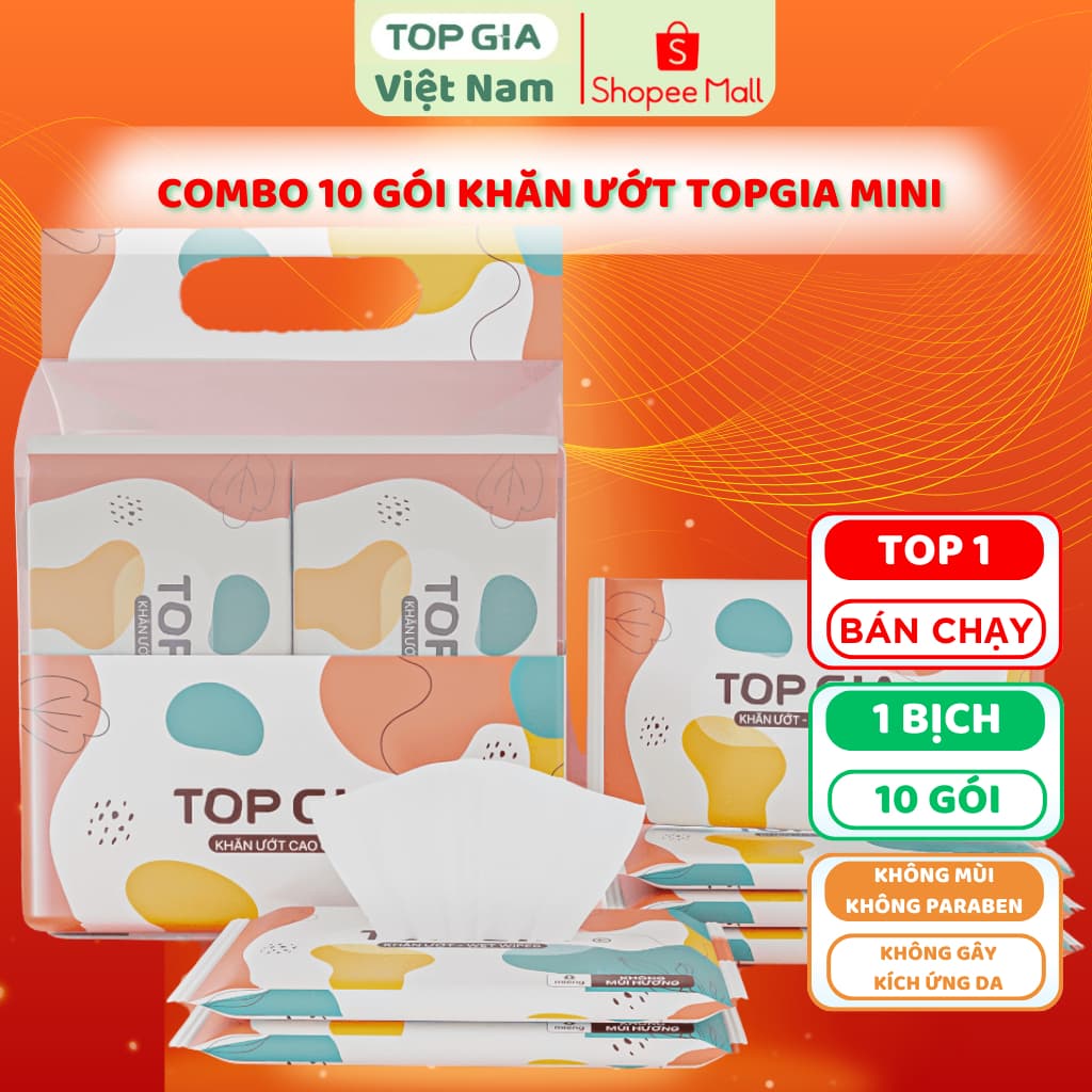 Khăn ướt mini cao cấp TOPGIA túi 10 gói 8 tờ mềm mại, không mùi không parabens dành cho da