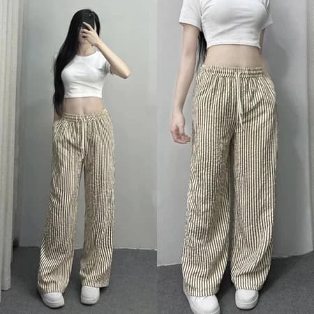 Quần Suông Nữ Chất Đũi Phối Kẻ Sọc Dài LC LUCY MALL, Quần Ống Rộng Cạp Chun Lưng Cao Dáng Dài