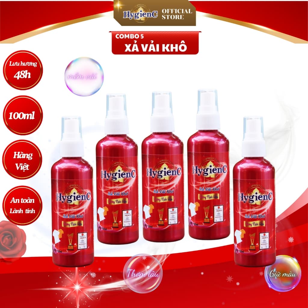 [Đỏ Combo 5 chai] Nước xả vải khô HygienC dạng xịt - Dung tích 100ml - XVK5Đ