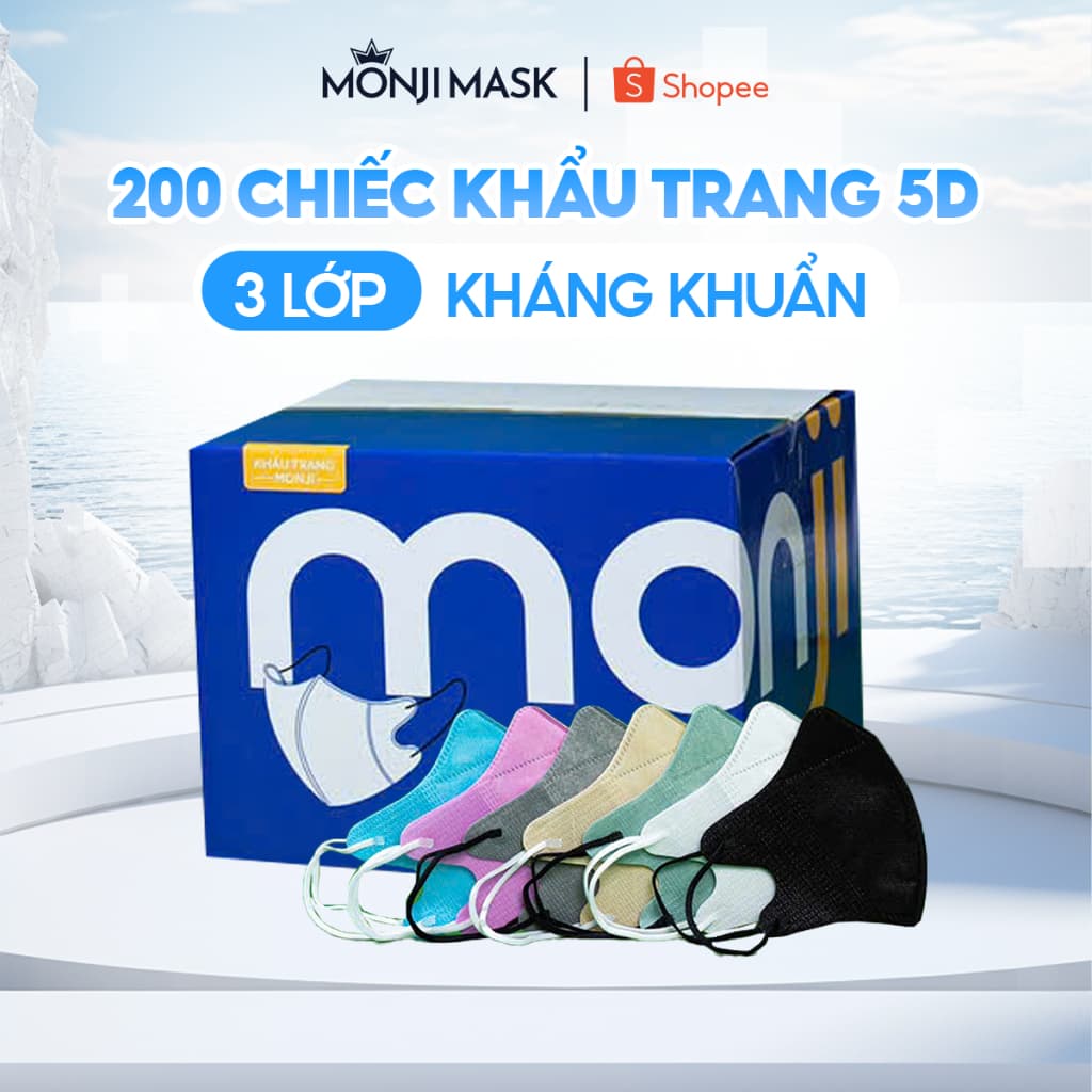 Combo 200 Chiếc Khẩu Trang 5D Monji 3 Lớp Vải Lọc Khuẩn Ngăn Bụi, Ôm Sát Thoáng Khí.