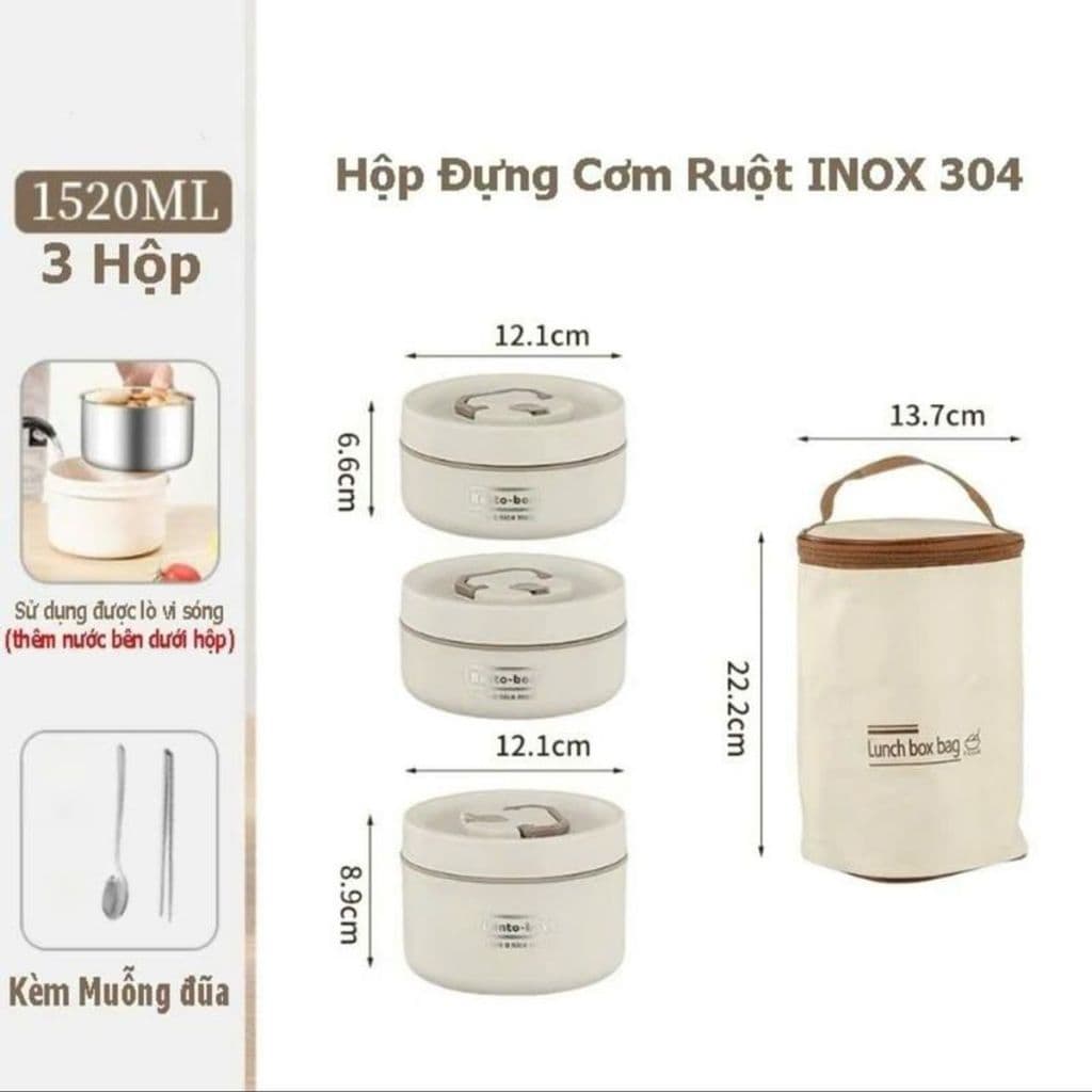 Hộp Đựng Cơm Giữ Nhiệt 3 Tầng Tặng Kèm Đũa Thìa, Hộp Cơm Văn Phòng Tiện Lợi