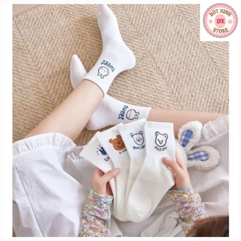 Set 5 Đôi Tất Cao Cổ Họa Tiết Gấu Trắng ,Vớ Nữ Họa Tiết Gấu Màu Trắng
