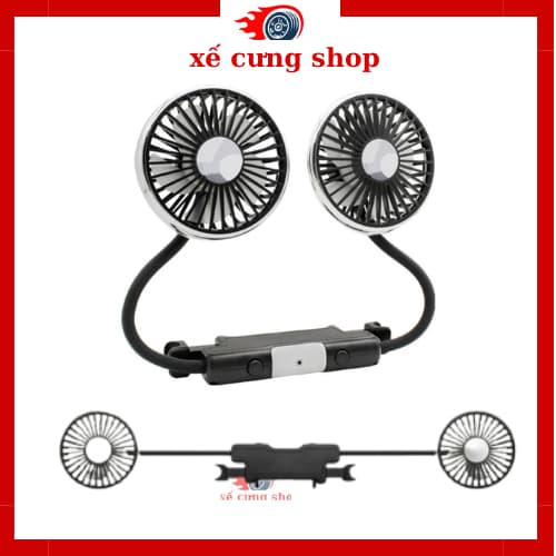 Quạt điện gắn sau ghế cho ô tô, Quạt đôi cắm USB gắn sau ghế xe hơi xoay 360 độ có tích hợp đèn LED