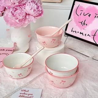 Bát Sứ Nơ Xinh, Bộ Bát Sứ Bò Sữa, Heo Hồng, Mèo Vàng Sét 2 Bát 2 Thìa Bát Ăn Dặm Cao Cấp Cho Bé Dễ Thương