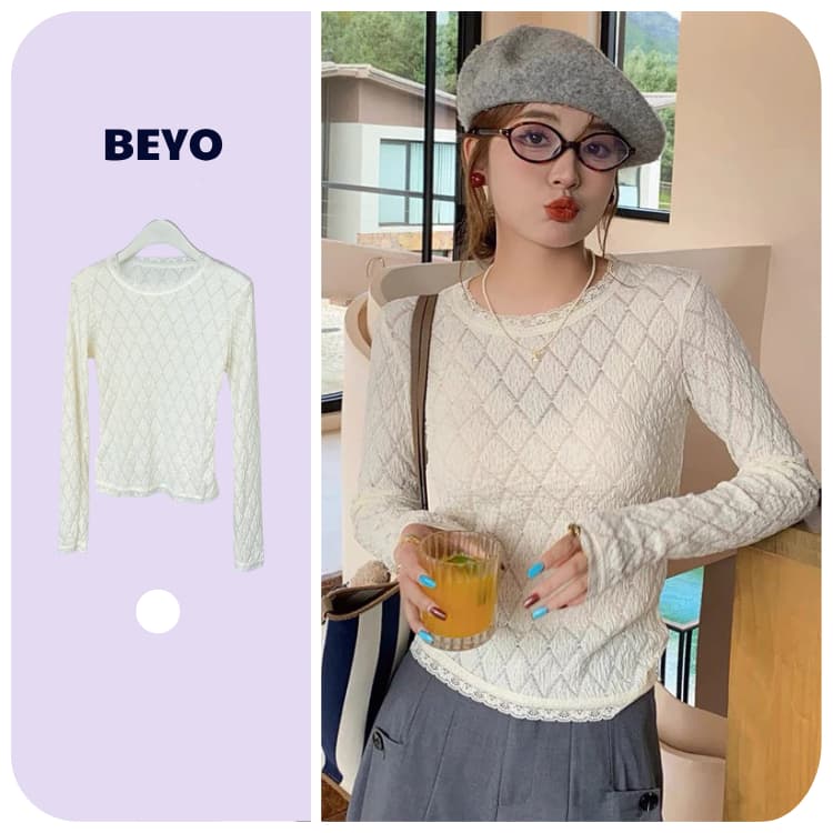 Áo thun len nữ Beyo áo thun xốp co giãn dài tay phối ren hoạ tiết trám T092