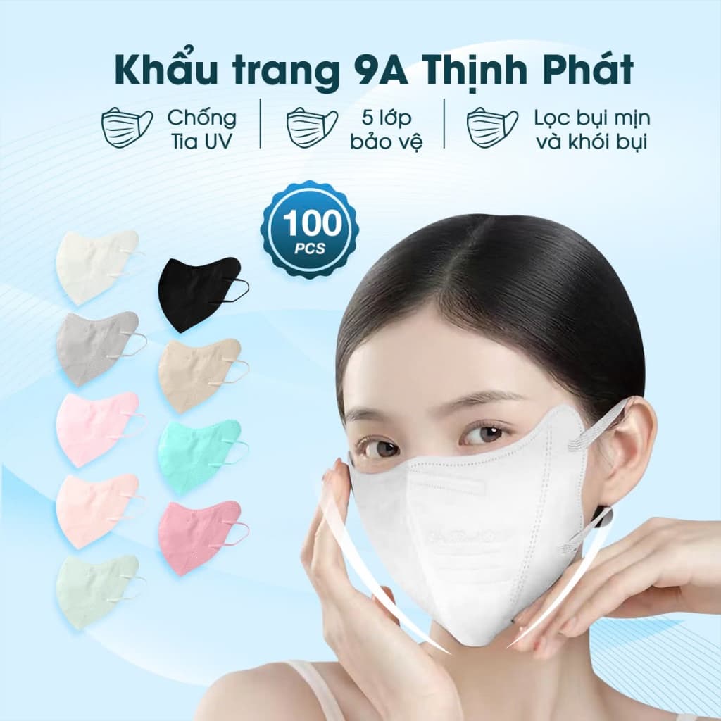 100 chiếc Khẩu trang 9A chống nắng 5 lớp Thịnh Phát che toàn mặt ngăn ngừa khói bụi chống tia UV Cỏ Ba Lá