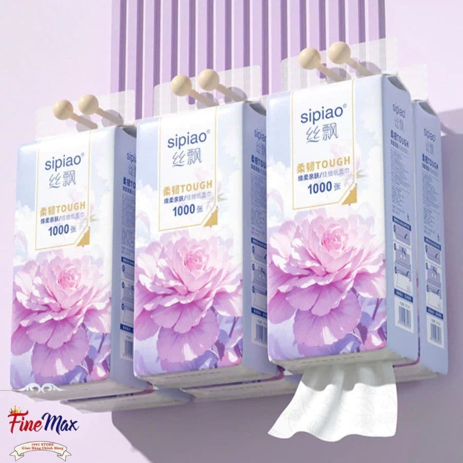 [Thùng 10 Bịch] Giấy Ăn Rút Treo Tường SIPIAO Hoa Mẫu Đơn Tím, Khăn Giấy Ăn 4 Lớp, Tặng Kèm Móc Treo, Bịch/1000 Tờ