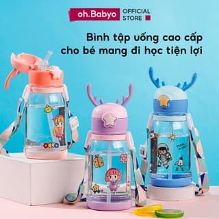 Bình Tập Uống Nước Chống Sặc Cho Bé ohBabyo Có Tay Cầm Dây Đeo Chắc Chắn An Toàn Cho Trẻ Em Đi Học