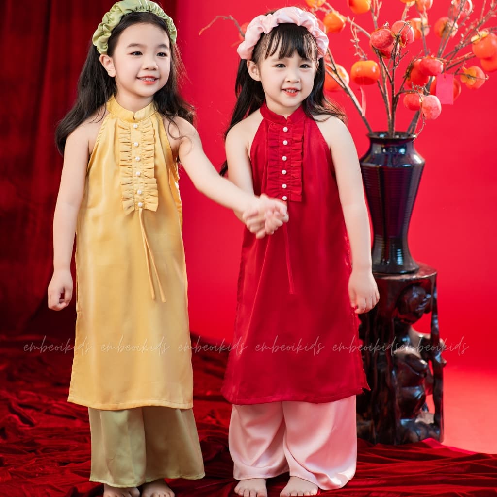 Tết Trung Thu-Set Áo dài lụa bé gái Tết EM BÉ ƠI kèm quần và băng đô cài tóc, Áo dài cách tân lụa cao cấp bé gái - AD05