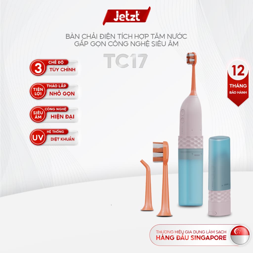 Bàn chải điện tích hợp tăm nước Jetzt TC17 nhỏ gọn 2 trong 1 - 3 chế độ làm sạch, công nghệ sóng âm hiện đại--Hàng Outle