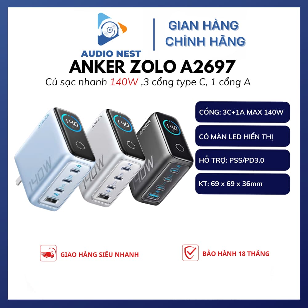 Sạc Nhanh Anker Zolo A2697 140W GaN Màn Hình LED PPS/PD3.0 3C+1A - Bảo Hành 18 Tháng.