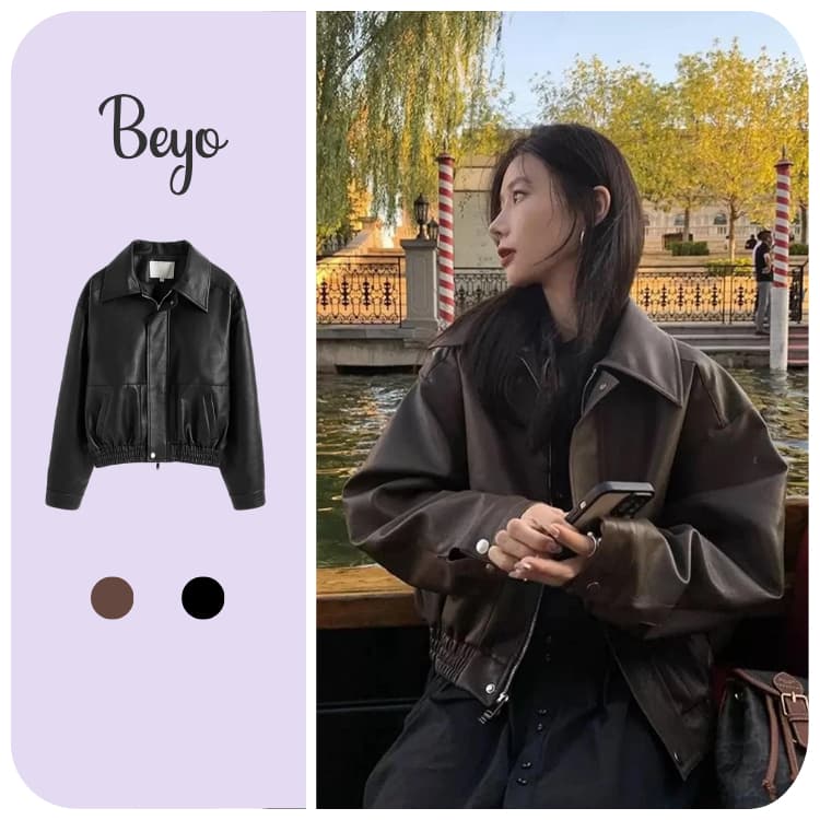 Áo khoác da croptop Beyo áo da nữ bo chun dáng bomber trendy thời trang năng động T081