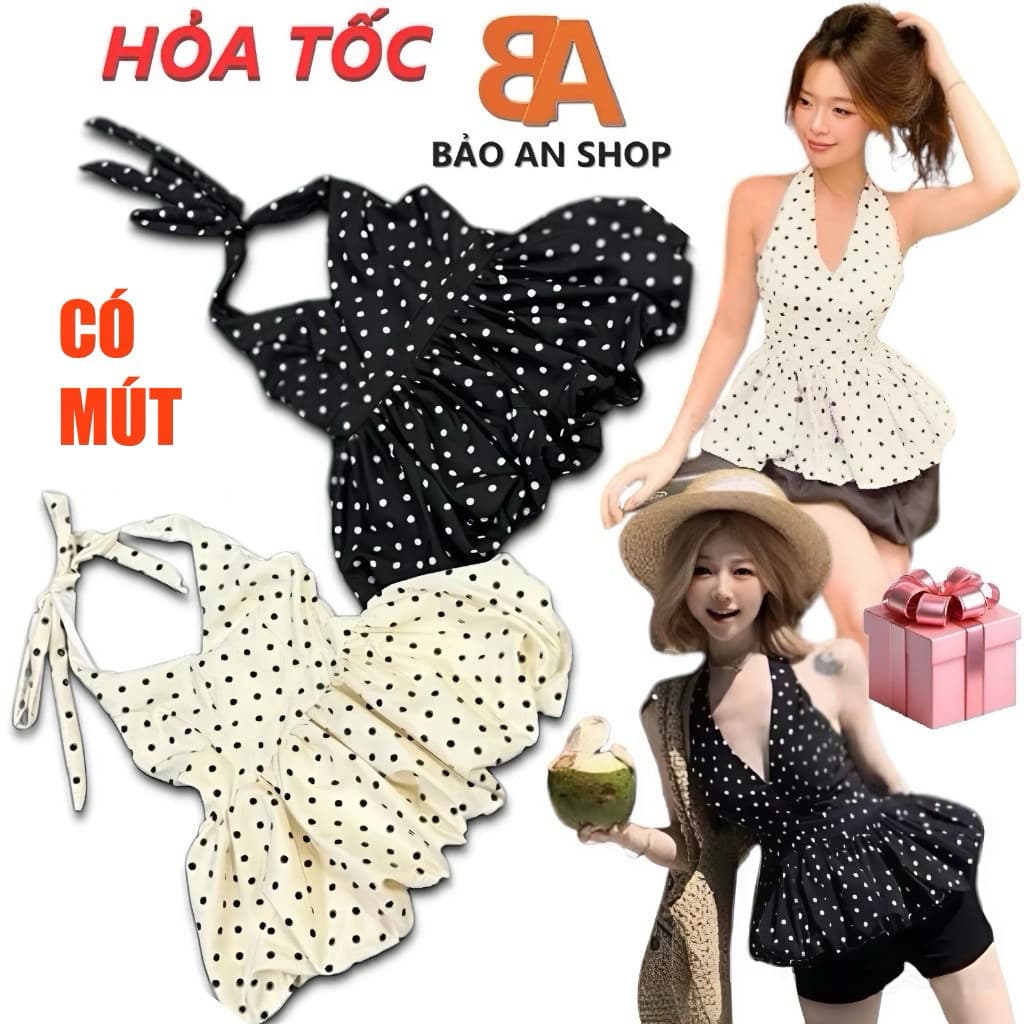 A-73. Áo kiểu nữ bệt vai dây tự cột cổ yếm chữ V gợi cảm chấm bi from bí chất vải Kate thun 2 lớp lót lụa Free Size Hot