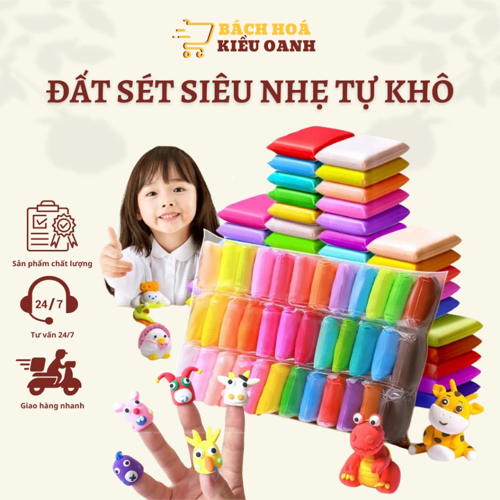 Đất Nặn Tự Khô  Màu An Toàn Cho Bé Không Dính Da Tay, Không Mùi - Đất Sét Tạo Hình Tự Khô Siêu Nhẹ